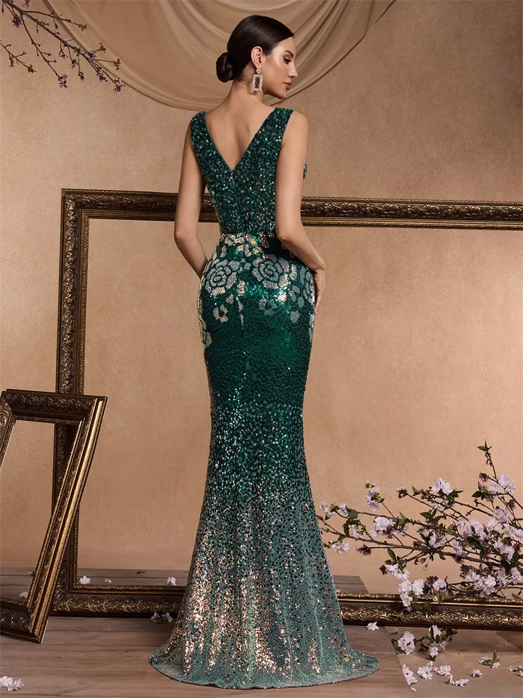 Elegant V-Neck Green Sequins Evening Dresses Long New Luxury Women Formal Mermaid Wedding Party Prom Cocktail Gowns view 2