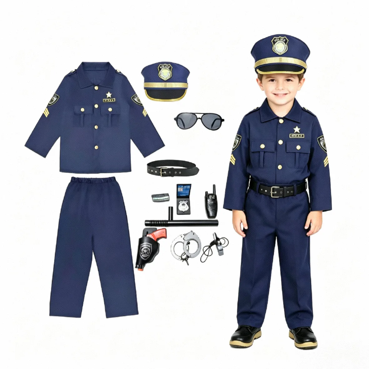 Children Officer Cosplay Outfit Complete Uniform Kit Fancy Halloween Costume for Stage Party Photograph Prop Dress Up