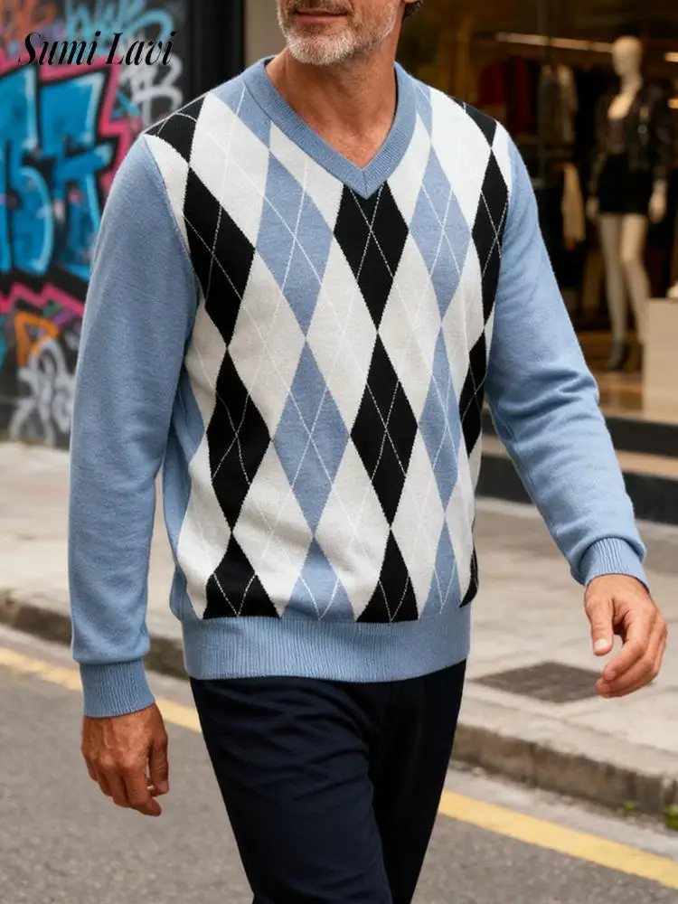 

Винтажный вязаный свитер в стиле пэчворк, мужские осенне-зимние повседневные вязаные джемперы с v-образным вырезом, мужские модные свитера с длинными рукавами
