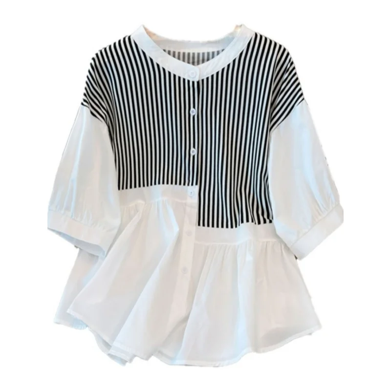 Round Neck Patchwork Fake Two-piece Striped Shirt for Women's Summer 2024 New Oversized Design, Slimming Top Shirt