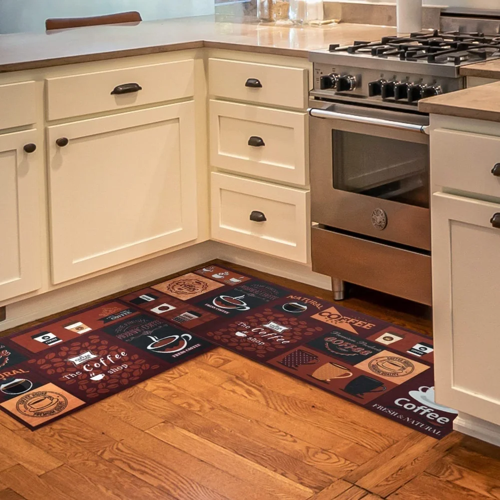 Набор кухонных напольных ковриков с кофейной тематикой: набор кухонных напольных ковриков: нескользящий, легко чистится и стильный! Украшения для домашнего напольного ковра