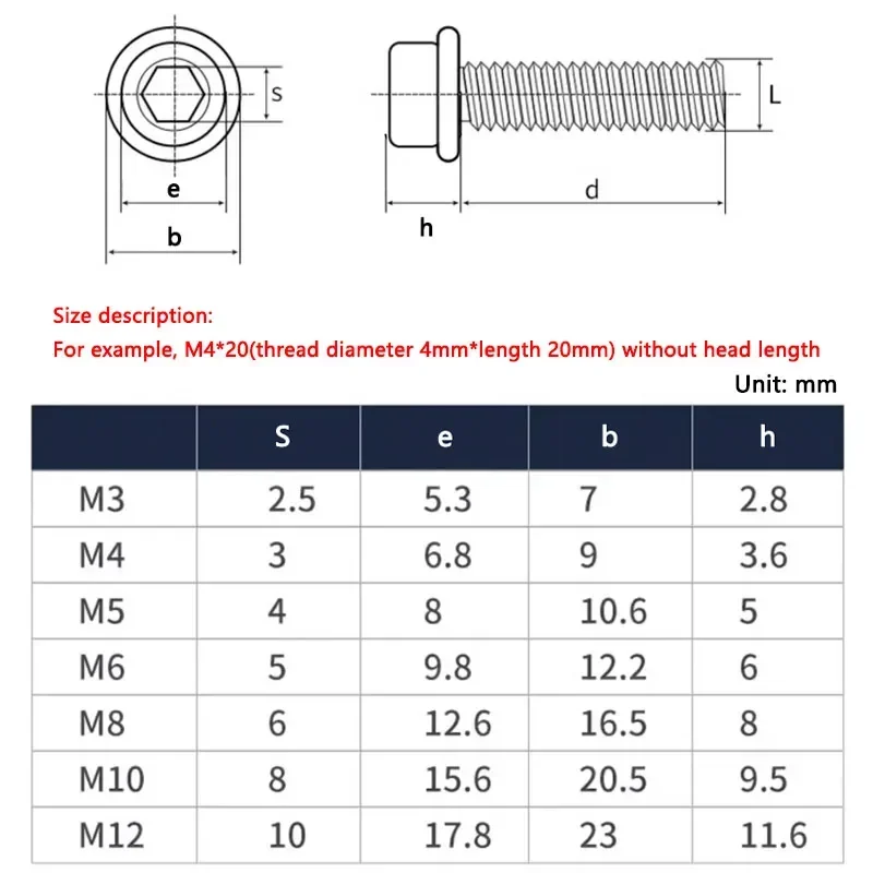 M3-M12 Hexagon Socket Head Cap Flange Bolts with Tooth Pad 304 Stainless Steel Round Head With Pad Hexagon Socket Bolt