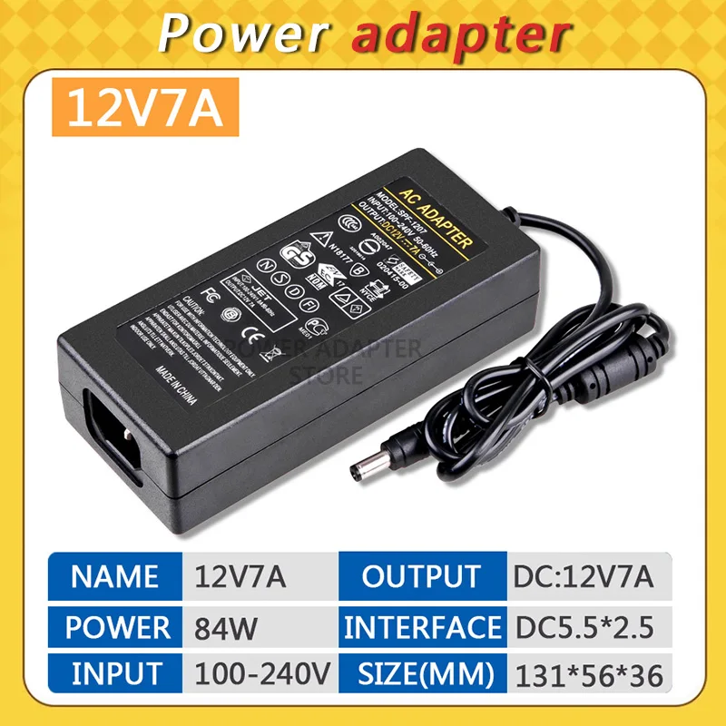 

DC 12V7A Power Supply Adapter, AC 100-240V to DC 12V 7A Switching Transformer Jack 5.5mm x 2.5mm for LED Strip, Light, Cameras