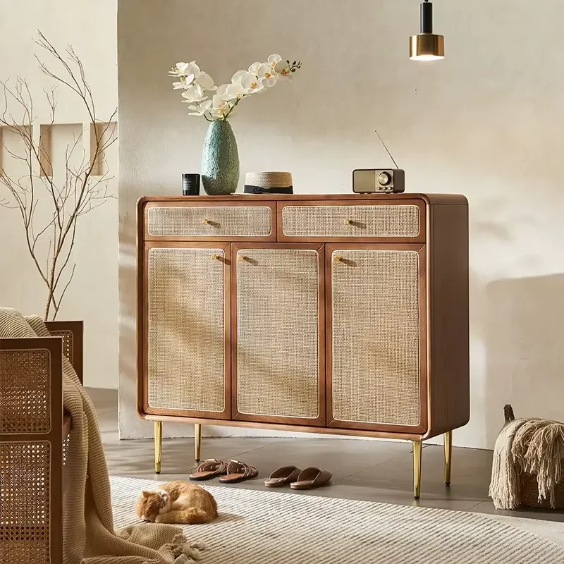 Modern Retro Solid Wood Rattan Shoe Cabinet Entryway Storage Locker Vintage Hallway Organizer Furniture
