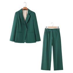 PB & ZA-Women's Green Long-Sleeved Suit Jacket, High-waisted Slimming Wide-Leg Pants, Commuter, All-in-One, Spring, New, 2024