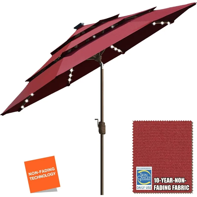 USA 10-Year-Non-Fading Solar 9ft 3 Tiers Market Umbrella with 80 LED Lights Patio Umbrellas Outdoor Table with Ventilation