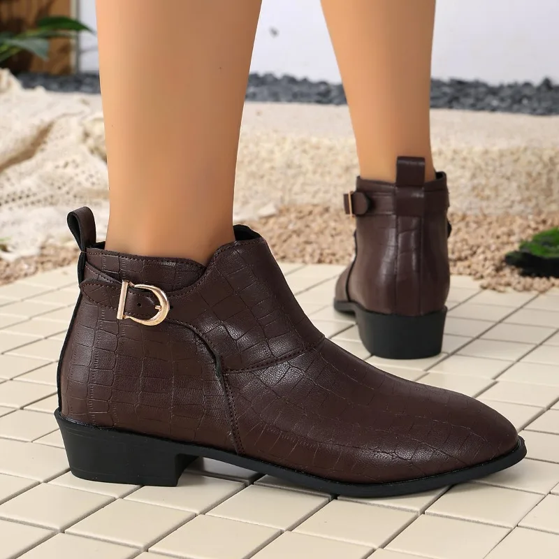 Fashion Women Faux‑Leather Ankle Booties 3.5CM Block Heel Croc Print Upper Metal Buckle Accent Lightweight Fall‑Winter Footwear
