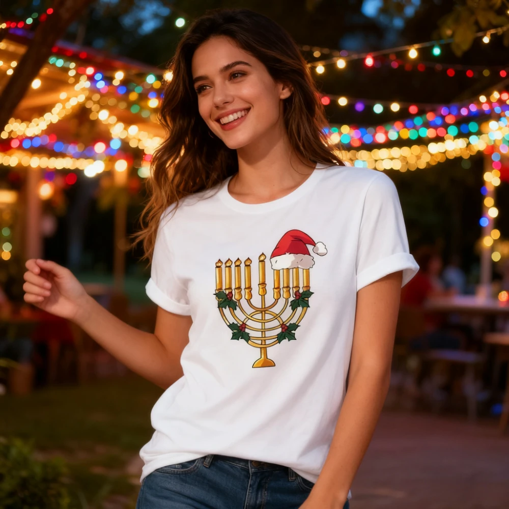 

Happy Chrismukkah Shirt Jewish Holiday T-Shirt Menorah Candle Cute Printed Tee Hanukkah Gift Men Women Fashion Casual Streetwear
