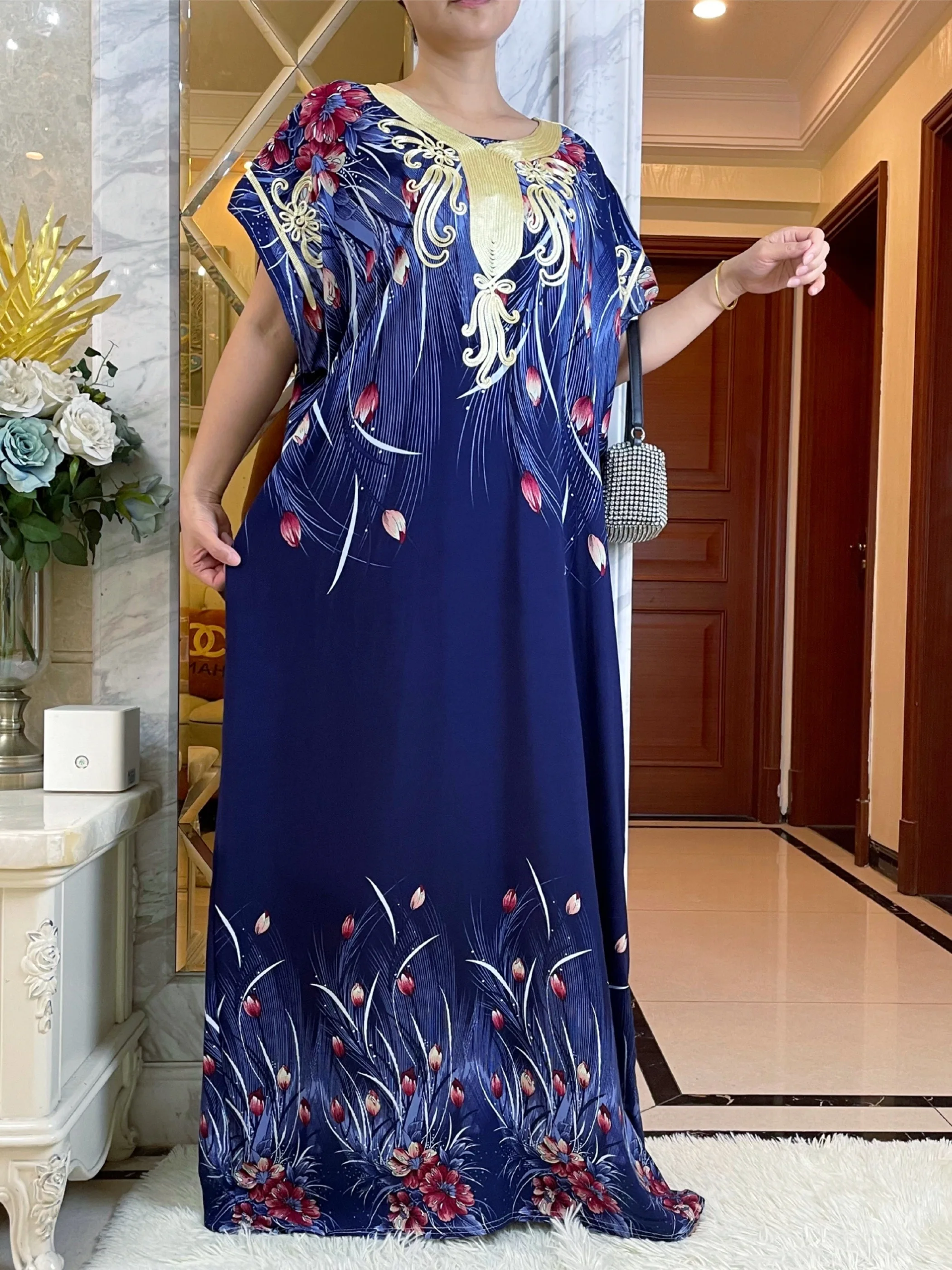 2023New African Women\'s Summer Short Sleeve Dashiki Cotton Floral Dress Printing Loose Caftan Dresses with Scarf Casual Vestido