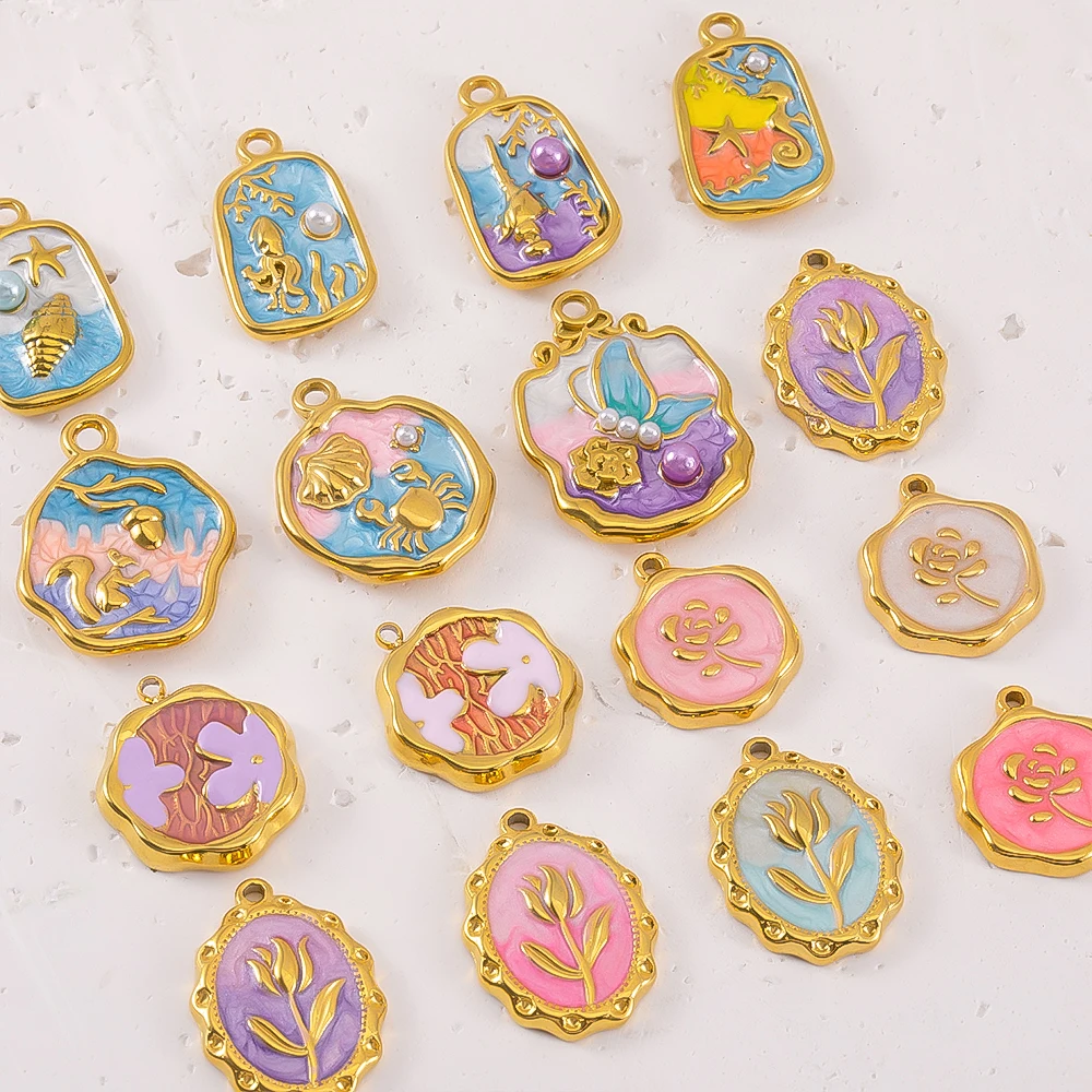 2pcs Stainless Steel Enamel Pendants Flower Marine Animals Charms for Jewelry Making DIY Bracelet Handmade Accessories Crafts - Detail 1