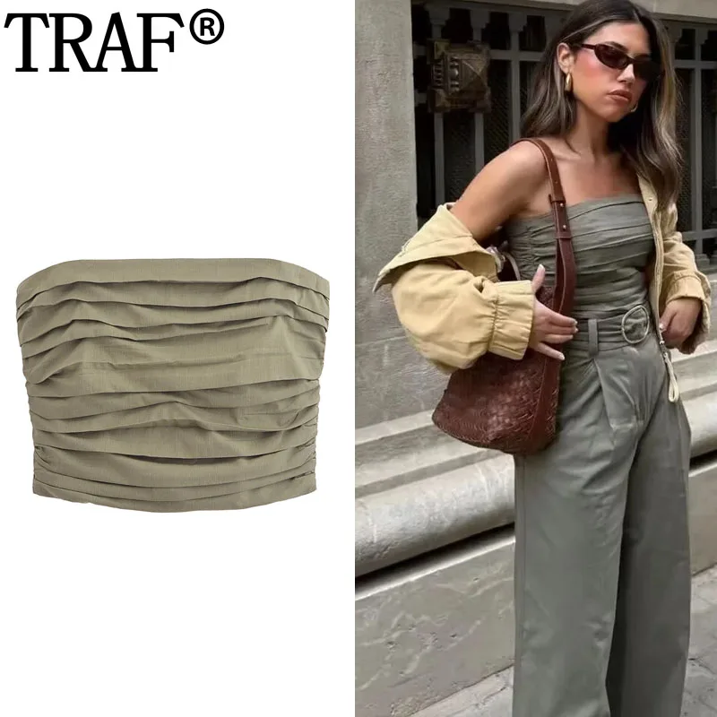 

TRAF Corset Pleated Crop Tops Woman Off Shoulder Tube Top Women Streetwear Summer Tank Top Female Ruched Backless Sexy Tops