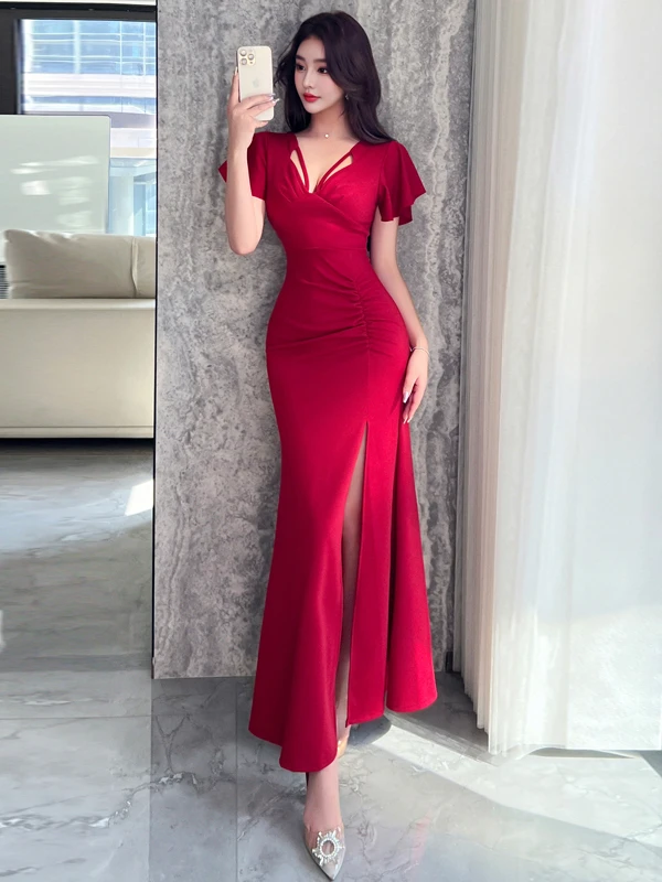 Feminino elegante vestido vermelho sexy com decote em v recorte lateral fenda bodycon sereia bainha mangas inchadas verão chique casual praia resort robe
