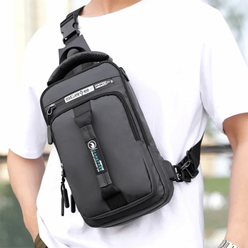 Tas Dada Pria Multi Saku Fashion Tas Bahu Olahraga Nilon Pengisi Daya USB Tas Selempang Kapasitas Besar Warna Solid untuk Perjalanan
