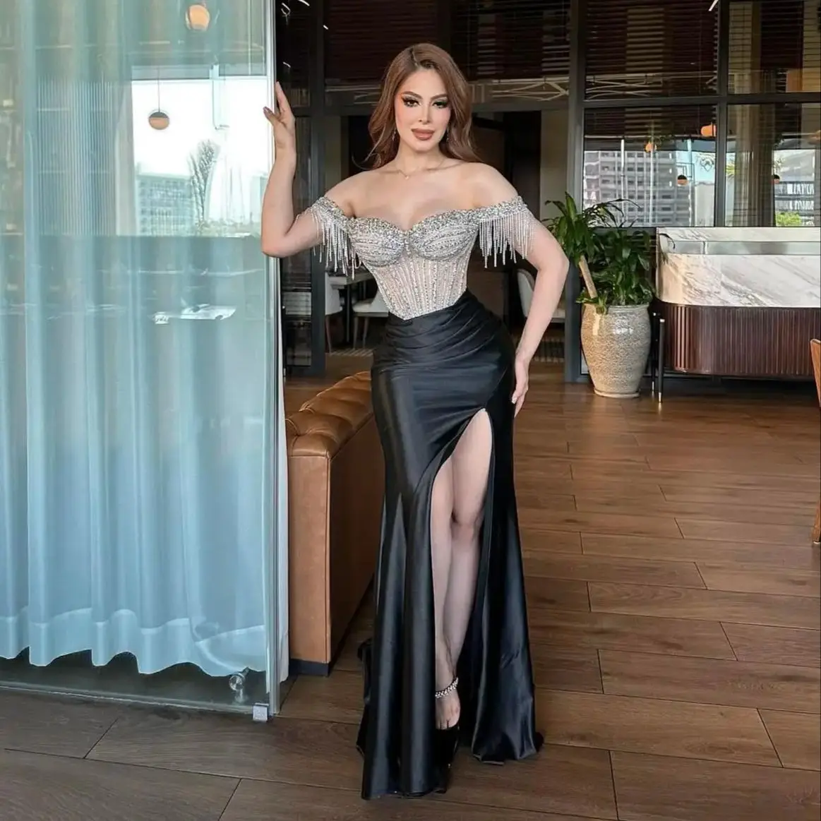 Lindo beading sereia vestidos de noite fora do ombro lantejoulas vestidos de baile personalizado luxo casamento convidados vestidos