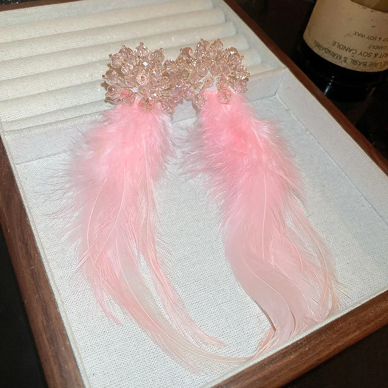 Korean Style Crystal Flower Drop Earrings for Women Long Tassel Pink Feather Dangle Earrings Fashion Jewelry Accessories