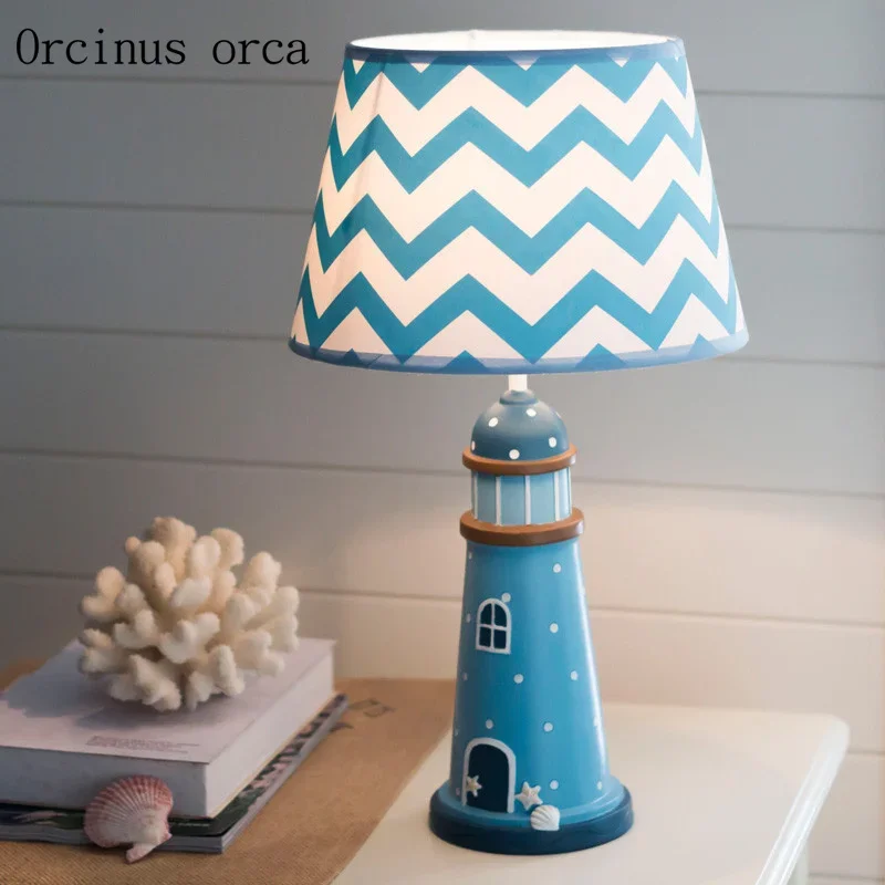 Mediterranean Blue lighthouse table lamp children's room bedroom bedside lamp creative warm LED decorative table lamp