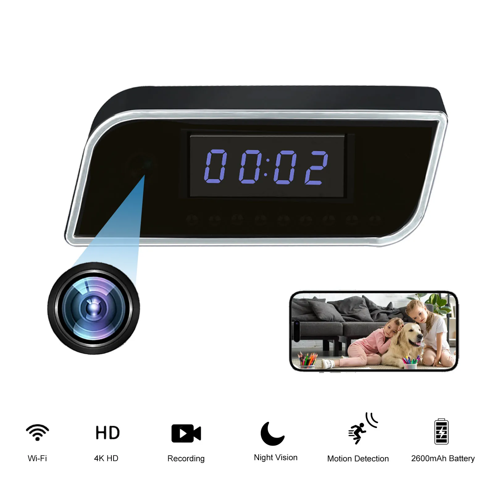 

4K HD Clock Camera with Motion Detection, Night Vision, Remote Viewing, Recording, Onvif, App - Home and Office Surveillance