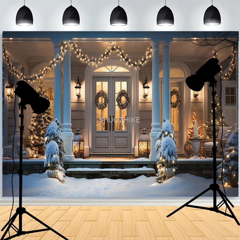 

Christmas Day Background Fireplace Living Room Decoration Snowflakes Pine Tree Family Party New Year Photography Backdrops XH-04