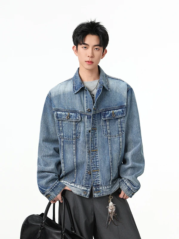 

Retro American Denim Jaet Men's Spring Autumn Loose Collar Workwear Trendy Waed out Jaet Long Sve Pure Color Outerwear