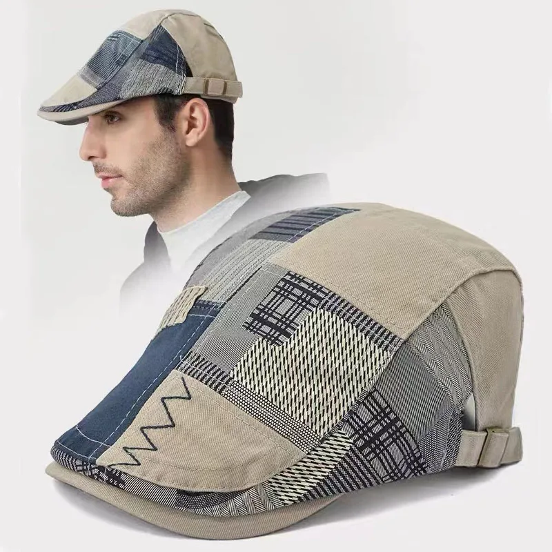 High Quality Pure Cotton Beret Men Patchwork Checkered Hat for Women Summer Fashion Retro Sunshade Protection Baseball Cap Male