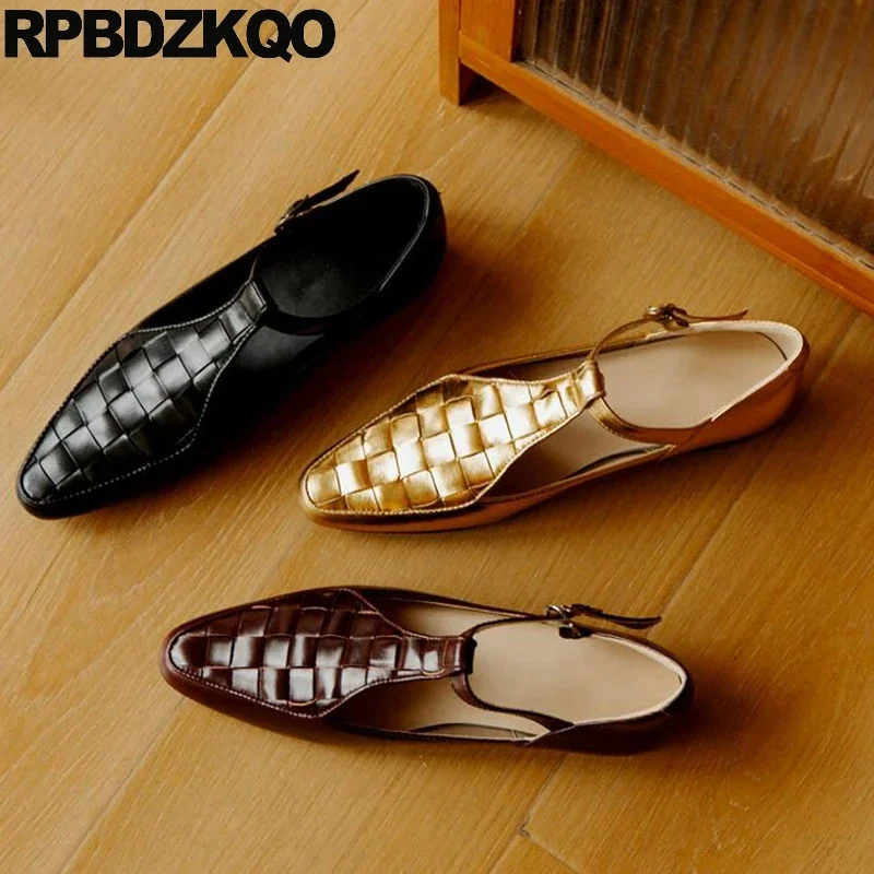 Comfort Braided Woven Mori Flats Mirror 34 Bridesmaid Cowhide Buckle Metallic Real Leather Women Pointy Toe T Strap Y2k Shoes