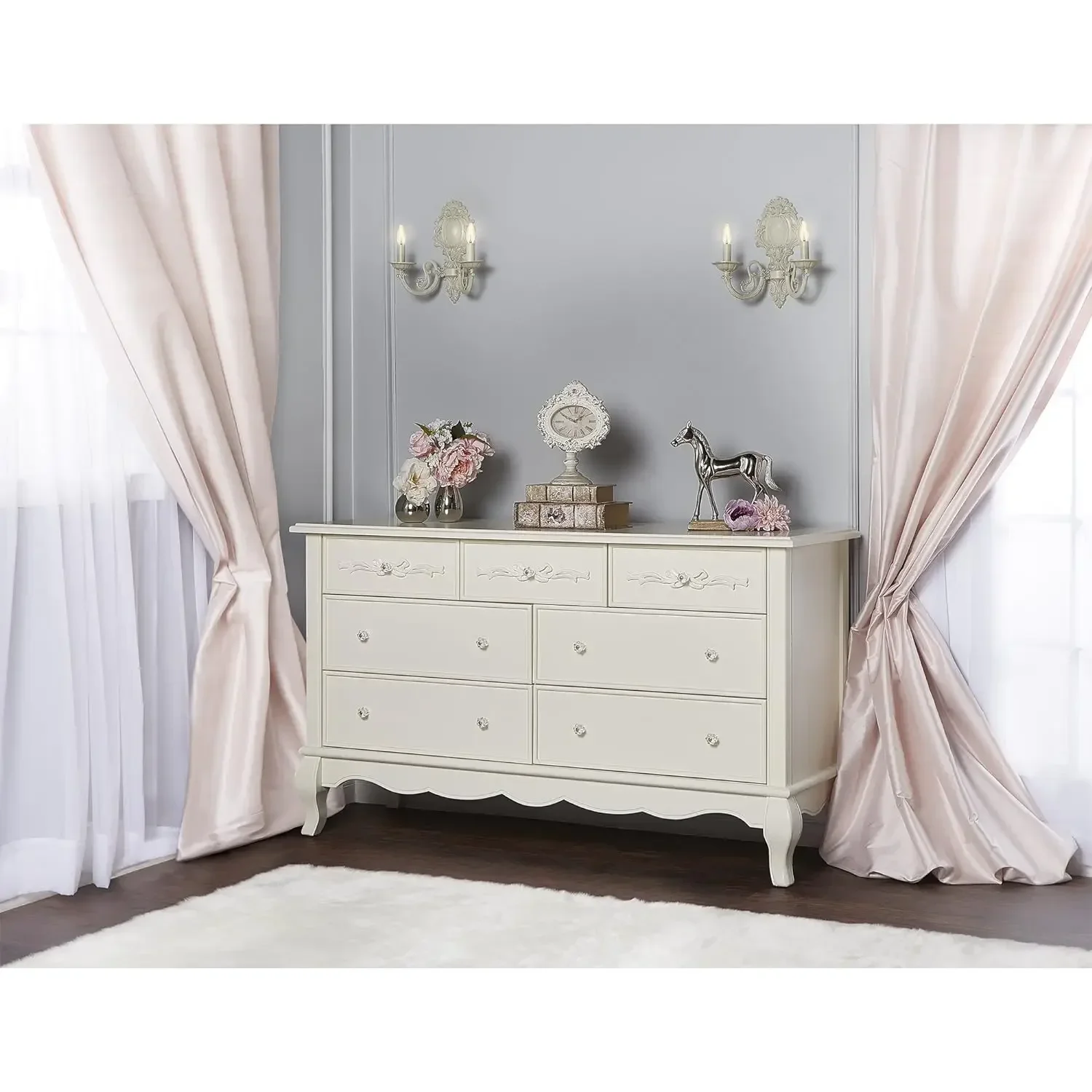 Aurora 7 Drawer Double Dresser, Ivory Lace, 54x20.3x34 Inch (Pack of 1)