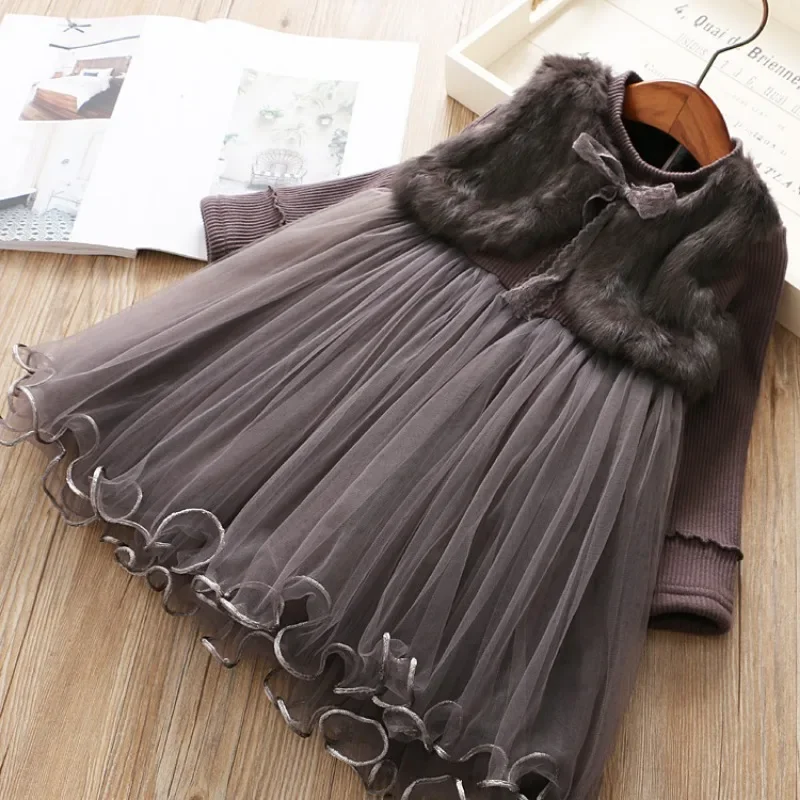 Children Girls Tulle Dress New Autumn Long Sleeves Fake 2Pcs Fluff Princess Dresses Kids Keep Warm Prom Girl Party Girl Clothing