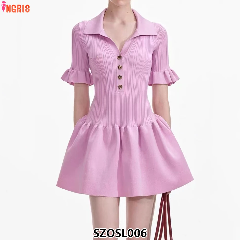 

High quality summer new style fashion design pink lapel trumpet sleeve waist ruffle knitted casual short skirt-SZOSL006