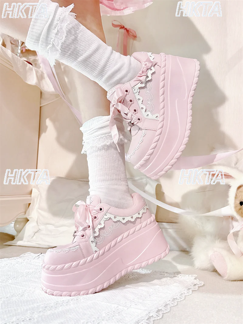 Dulce encaje costura arco correa todos los días plataforma versátil zapatillas zapatos señoras Otoño Invierno nuevos zapatos blancos de cabeza redonda mujeres