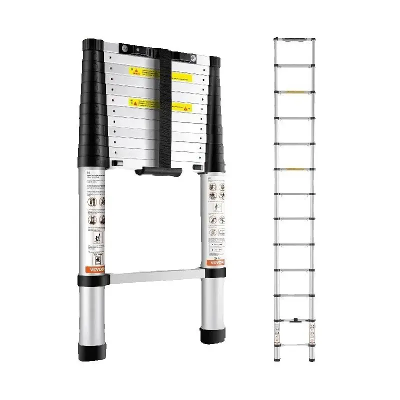SucceBuy Telescoping Ladder 12.5 FT Aluminum One-Button Retraction Collapsible Extension 375 LBS Capacity w/Non-Slip for Home RV