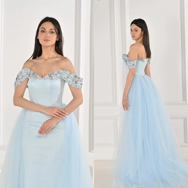 

Customized Evening Tulle Beading Draped Pleat Christmas A-line Off-the-shoulder Bespoke Occasion Gown Long Dresses Saudi Arabia