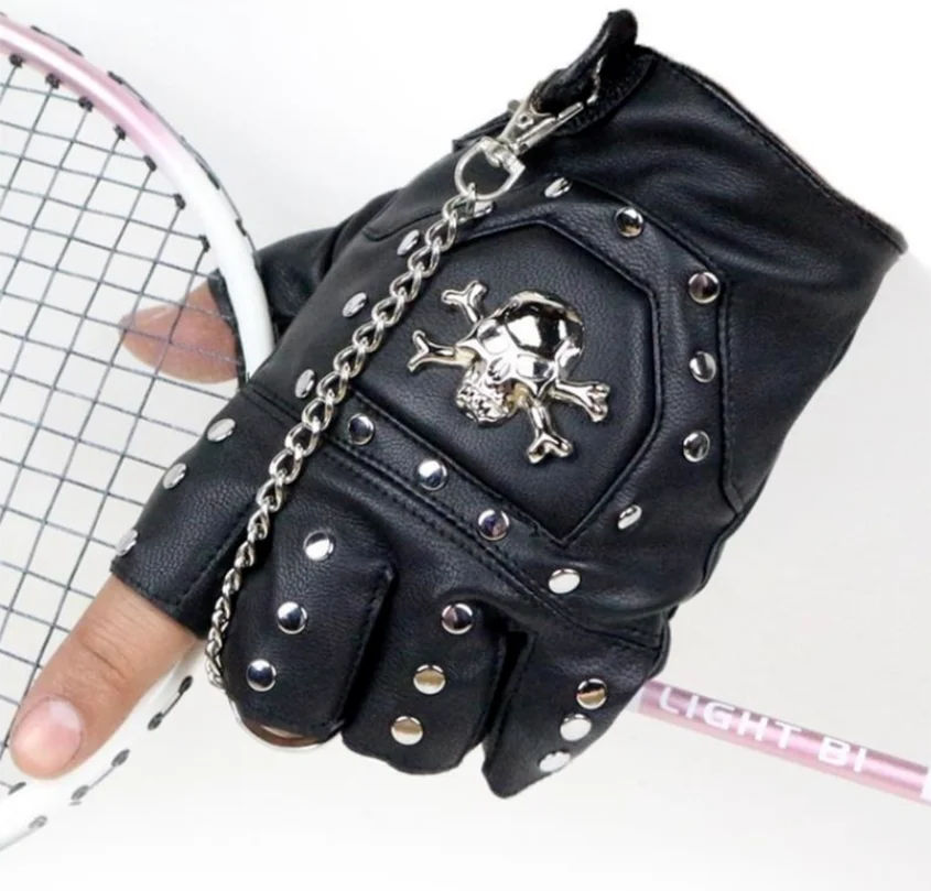 Punk Gothic Leather Pair Fingerless Biker Sports Mountain Gloves With Cranium Studded For Men