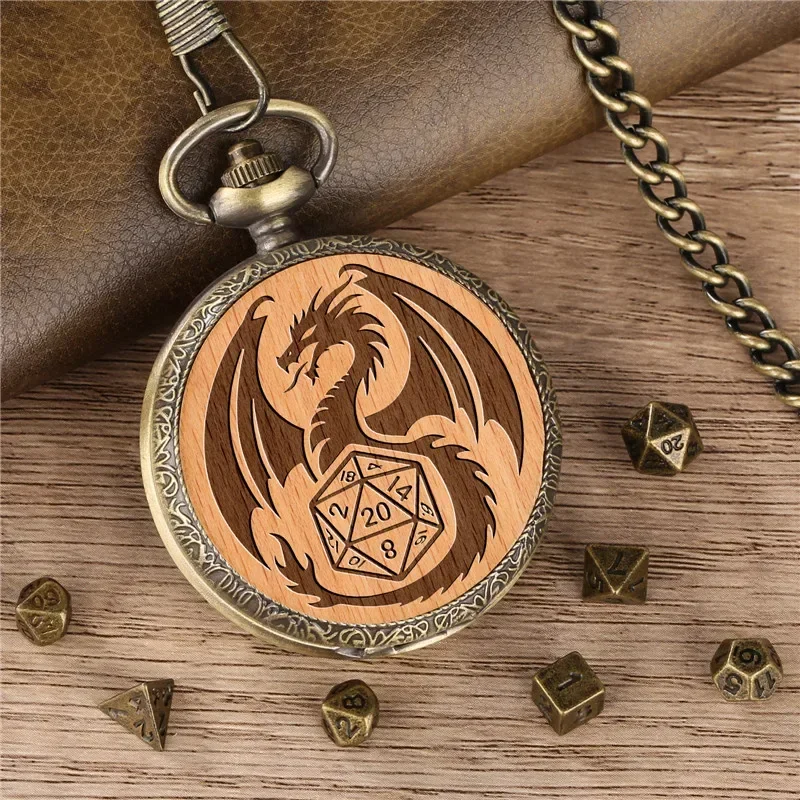 Retro Steampunk Engraved Dragon Case with 7pcs/set Metal Polyhedral Dices Pocket Watch Chain Entertainment Role Paly Game Dice