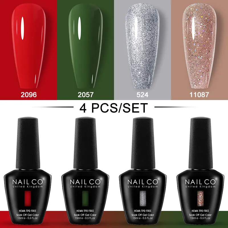 

NAILCO 15ml 4pcs/Set Gel Nail Polish UV Glitter Red Gel Nail HEMA TPO FREE Summer Translucent Nail Art Need Top Base Coat Vernis