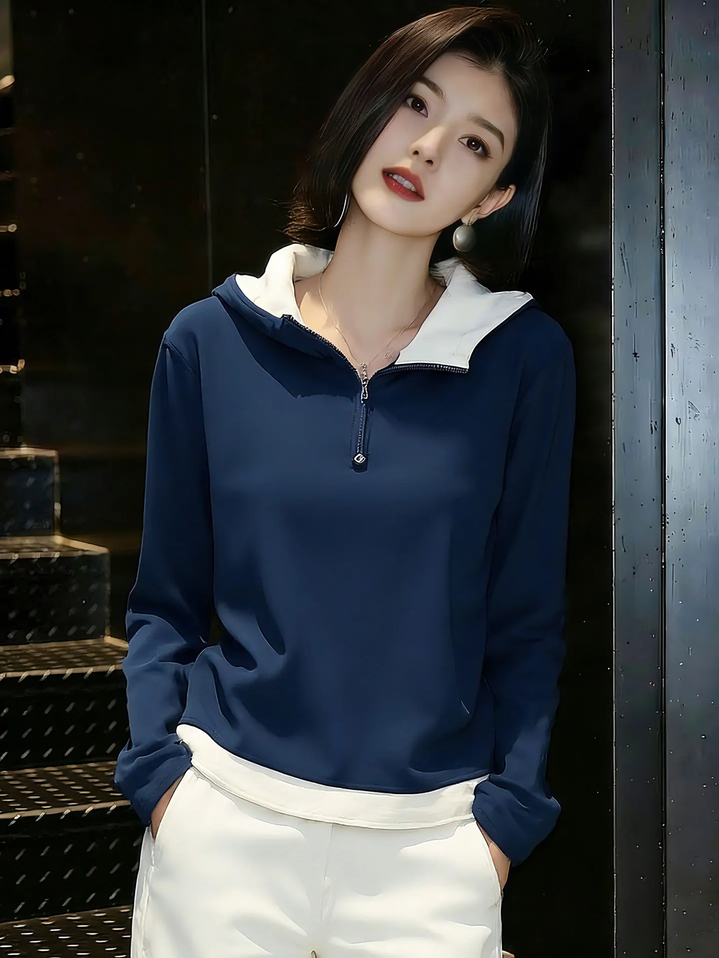 

High-End European Sle Hoodie Sweatirt Spring Faion Color f Zip Long Sve Base irt Top for Young Women