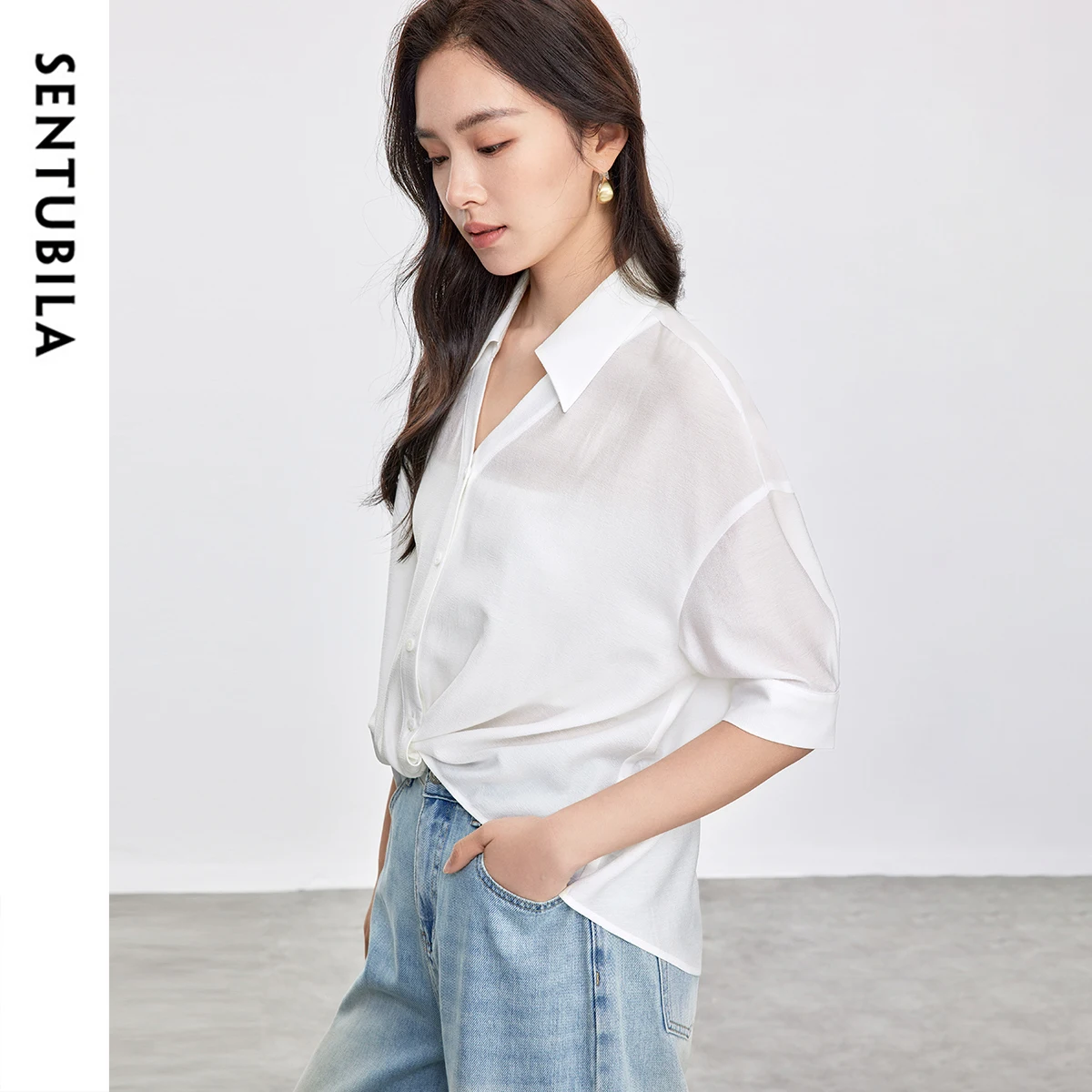 SENTUBILA Irregular Womens Shirt 2025 Fashion Drop Sleeve V Neck Solid Color Officewear Button Simple Shirts & Blouses 152C59275