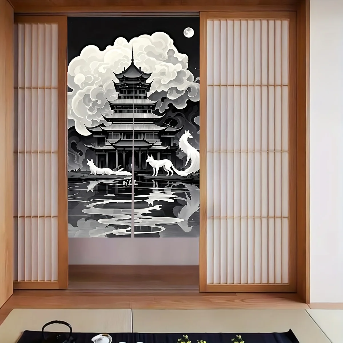 1 Piece Japanese Style Fox and Temple Door Curtain - Privacy Screen for Bedroom, Study, Balcony, Living Room