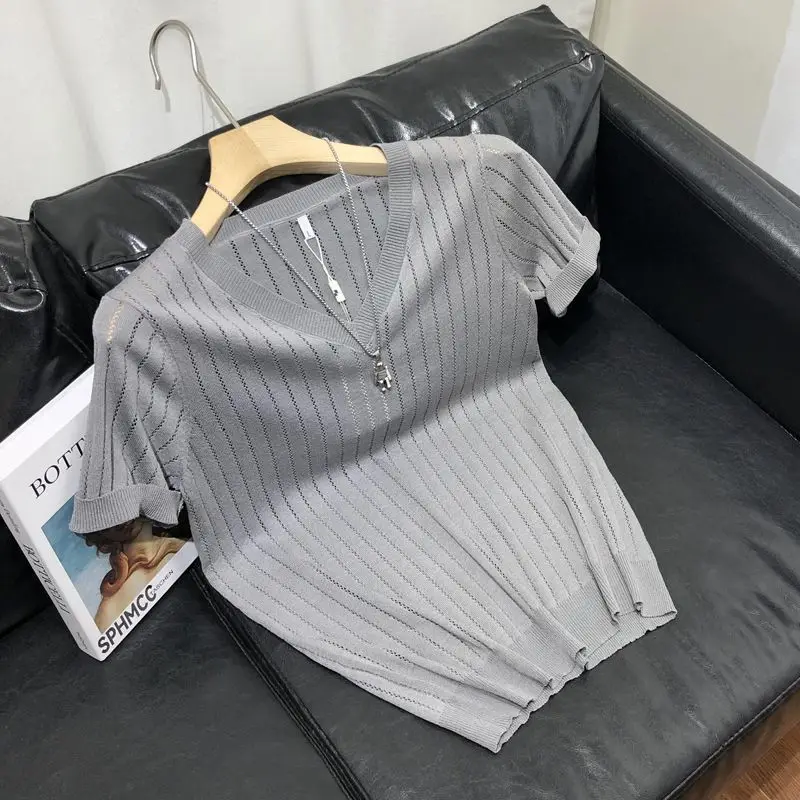 2024 New Summer Minimalist Casual Loose V-neck Striped Hollow Ice Silk Short Sleeved Oversized Knitted Solid Color Men\'s Top