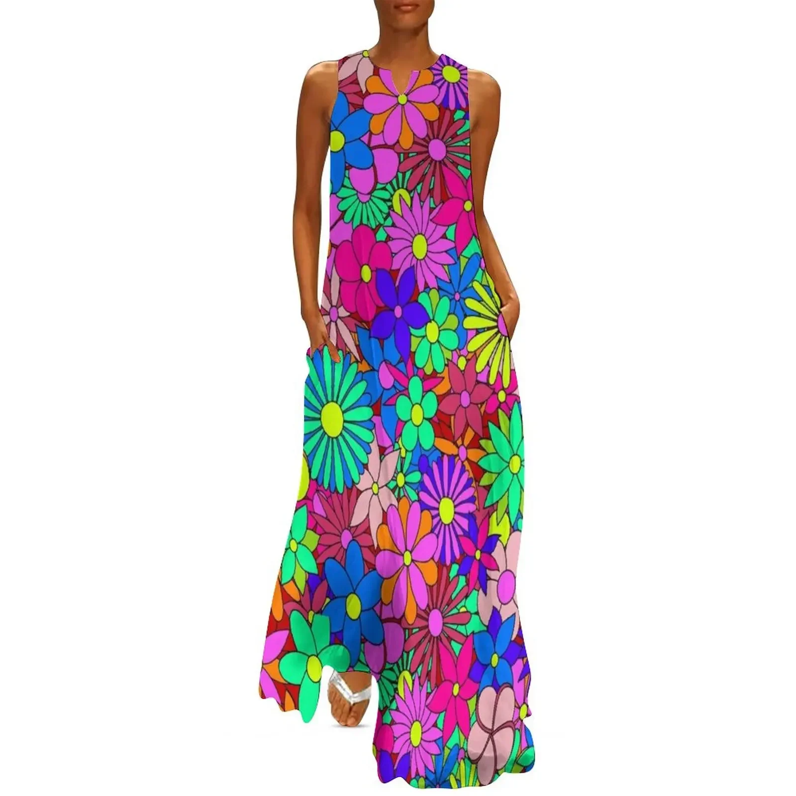 

Flower Power Retro Style Hippy Flowers Long Dress women's summer jumpsuit sexy dress for women clothes Dress