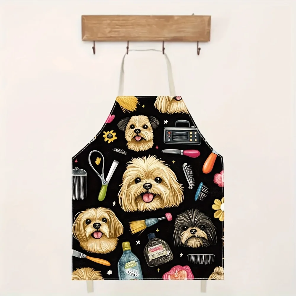 1pc Funny Dog Groomer Apron with Cute Puppy Faces and Salon Tools Print Black Background Kitchen Baking BBQ Work Wear UnisexGift