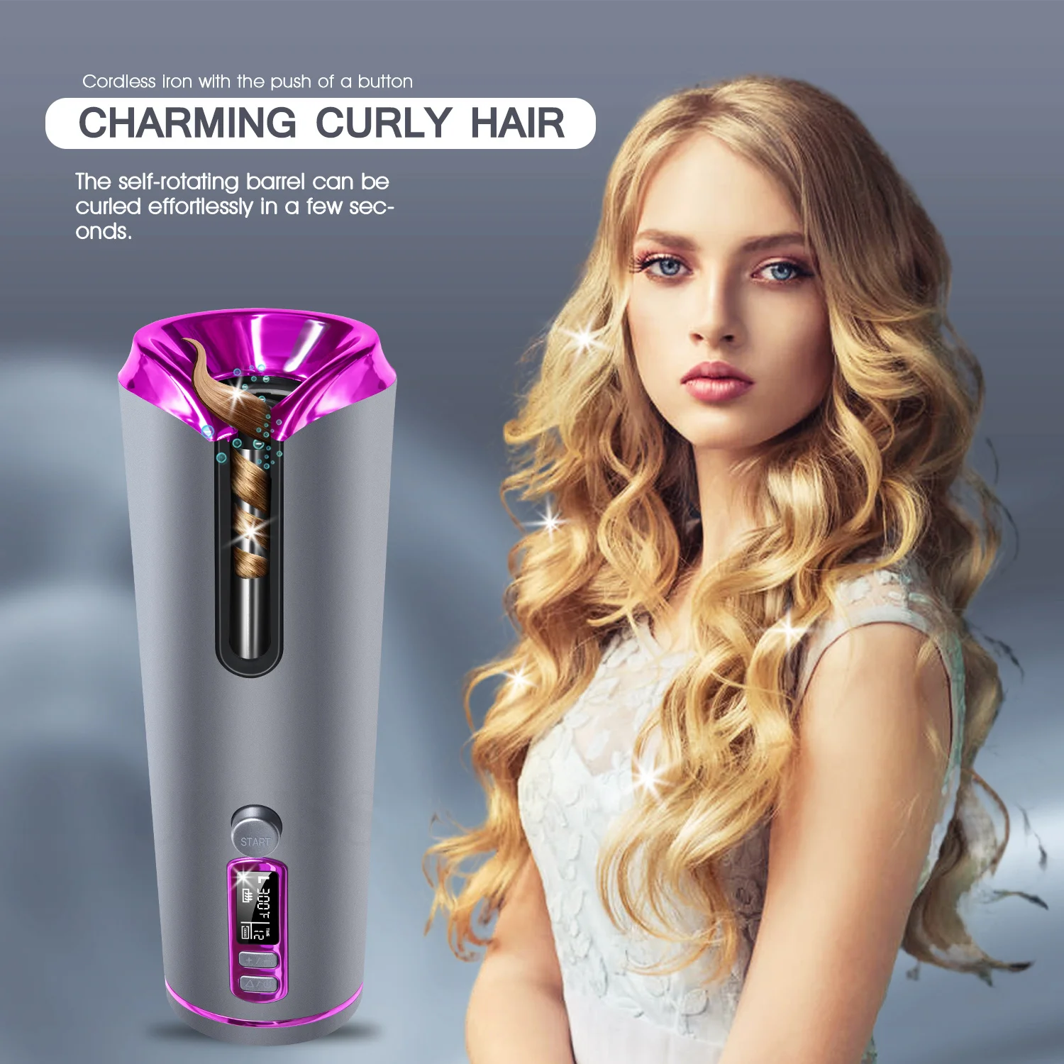 Pengeriting Rambut Tanpa Kabel Profesional Pengeriting Rambut Otomatis Pengeriting Rambut Otomatis Pengeriting Rambut Putar Dapat Diisi Ulang USB Tampilan LCD Nirkabel
