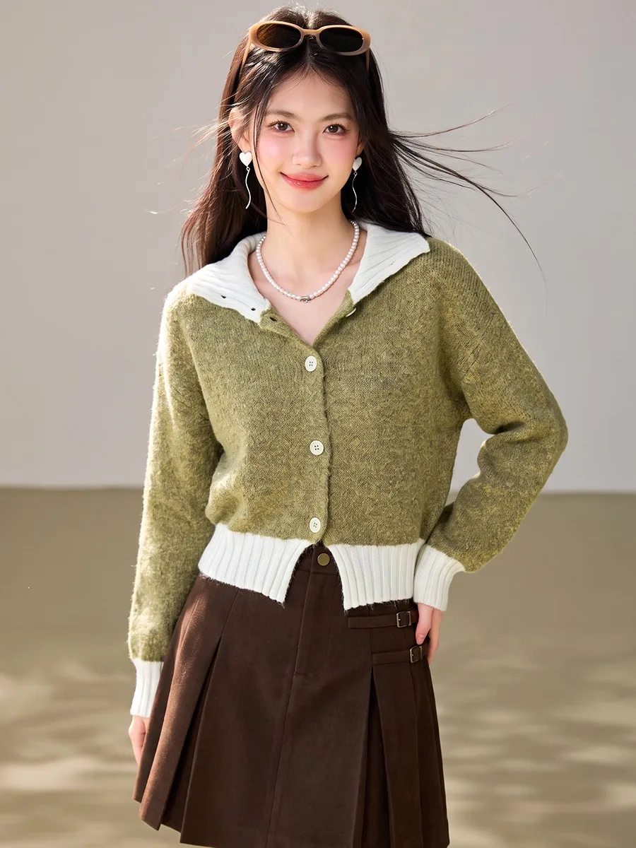 Women's Knitted Short High Collar Long Sleeve Sweater Coat Warm Gentle Style Color Collision Splicing Waist Inward Design