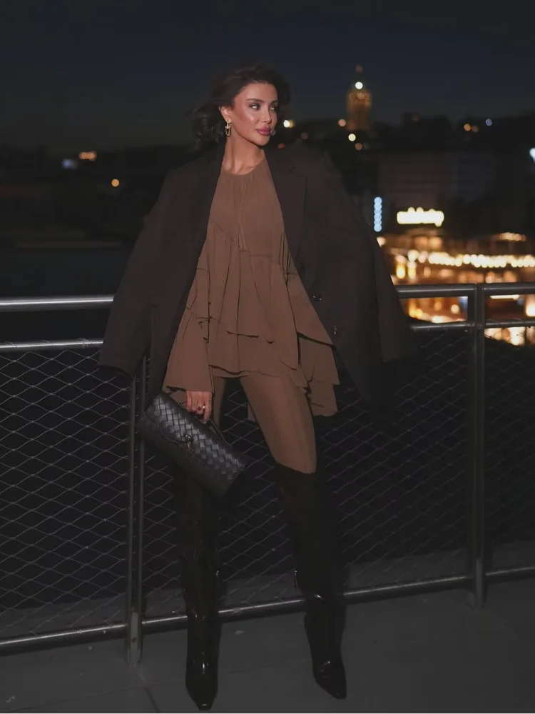 

Women Elegant Khaki Ruffle Loose Chiffon Shirt Chic Solid Round Neck Full Flared Sleeve Pleated Shirts Lady Daily Office Wear