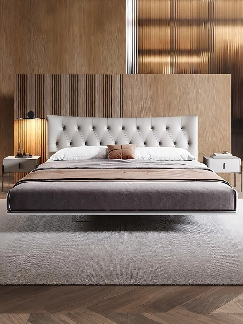 Stainless steel suspension bed modern simple master bedroom 1.8m double soft bag leather bed Italian style