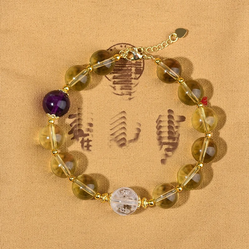 Palace Style Natural Citrine Round Bead Bracelet Buddhist Crystal Rosary Unisex Hand Chain Fashion Jewelry