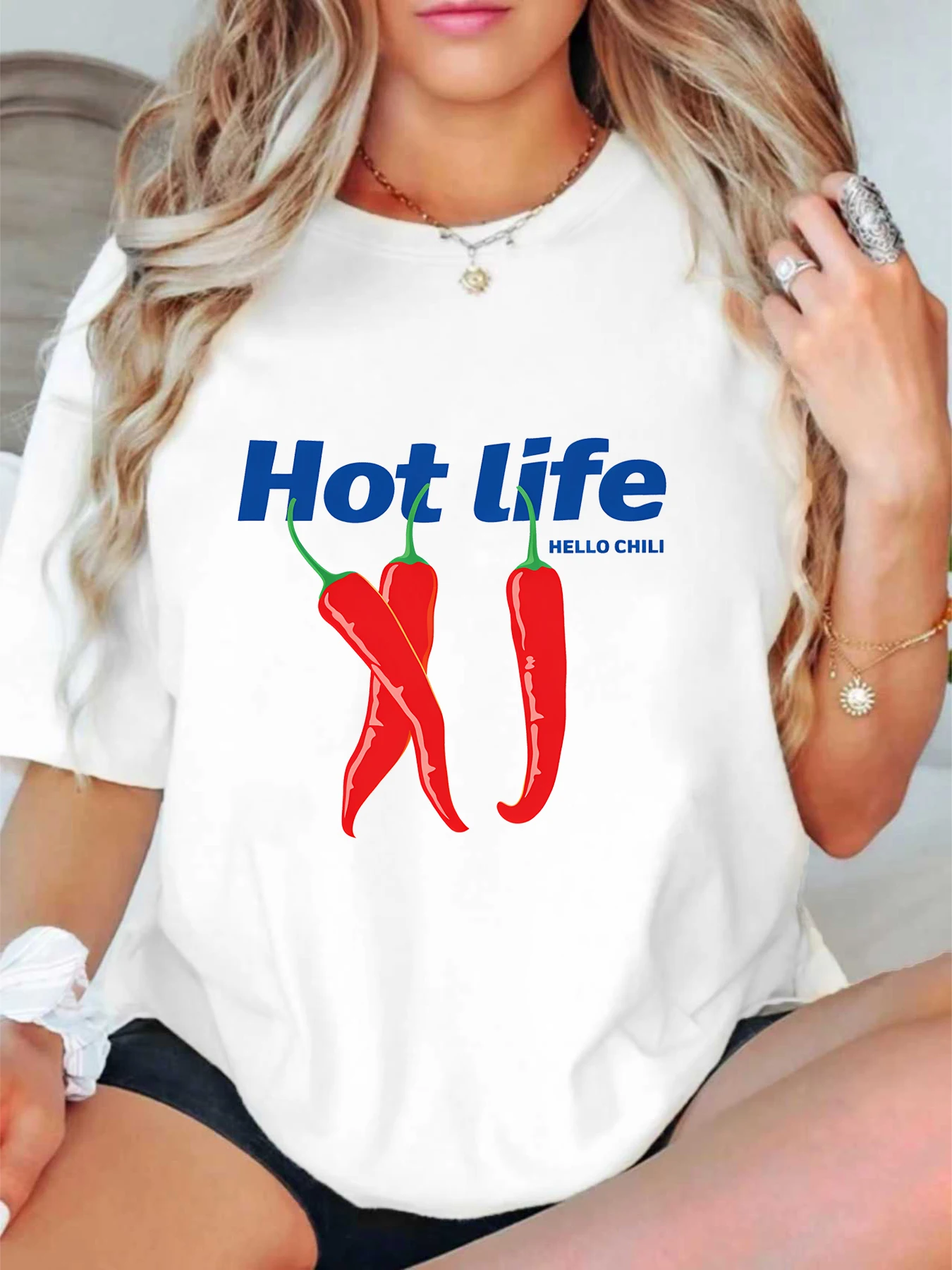

【ZXH11427】Chili print plus size women's round neck summer casual short sleeved street fashion versatile plus size T-shirt