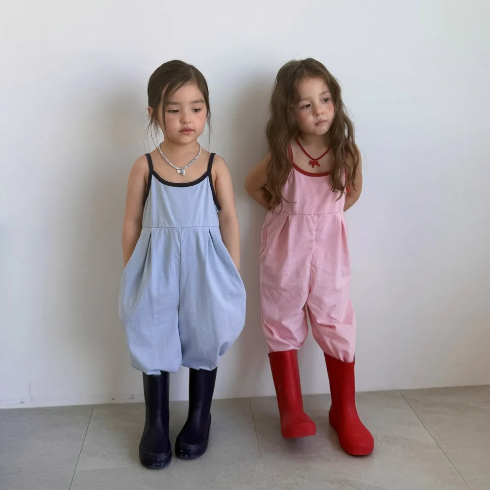 New Japanese Style Girls Cotton Knitted Color Blocked Jumpsuit for Summer Boys Korean Western-style Camisole Jumpsuit