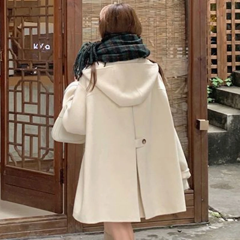 Misto con cappuccio Cappotto dolce invernale da donna Baggy delicato stile coreano Temperamento estetico Accogliente streetwear Tasche alla moda Ragazze universitarie