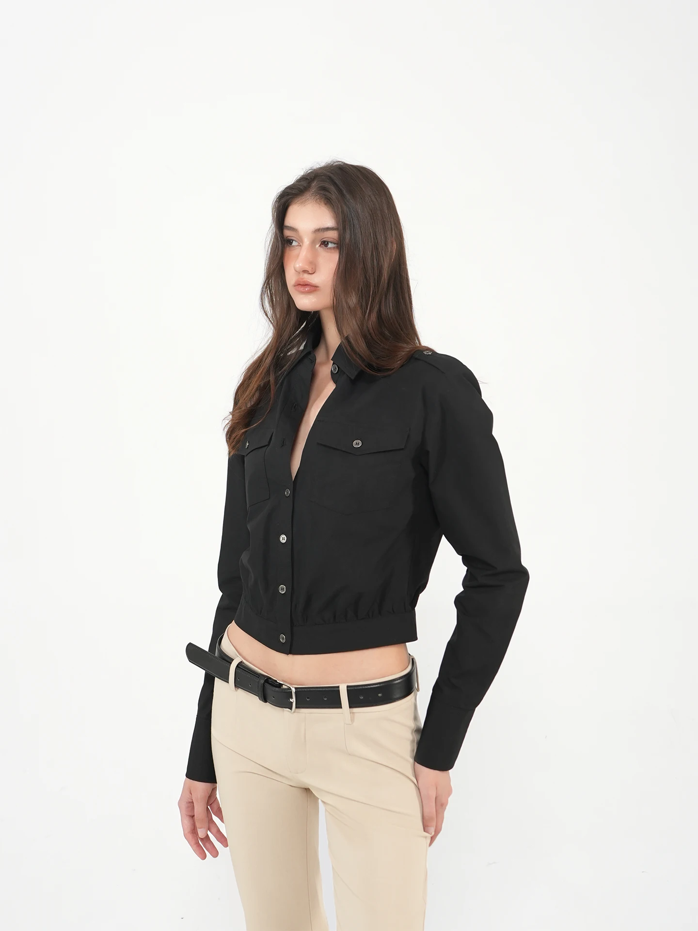 Black Retro Workwear Style Shoulder Shirt Ladies Short Outerwear Jim Kennet Hunting Shirt Retro Style Button Closure Women's Top