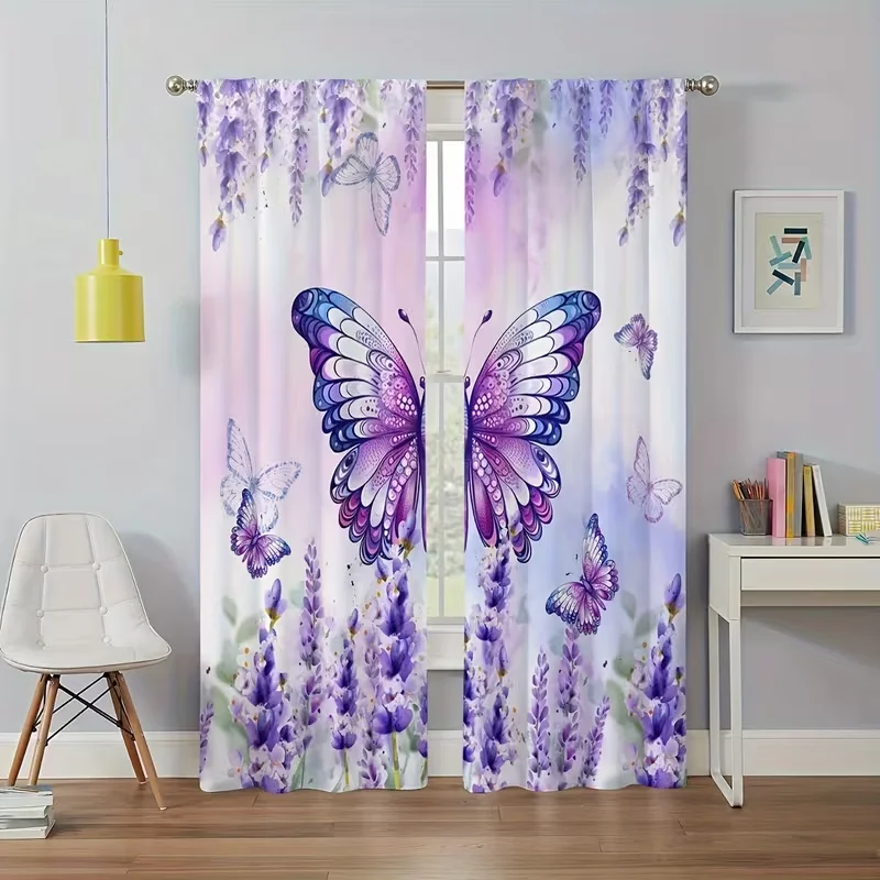 2 Stück transparente Vorhänge mit violettem Lavendel-Schmetterlingsmuster – weiche, romantische Fenstervorhänge mit Blumenmuster für Schlafzimmer- und Wohnzimmerdekoration